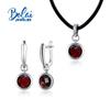 925 Sterling Silver Silver Pendant Necklace Earring Jewelry Set Bezel Setting Red Garnet Natural Gemstone Simple Design for Women Nice Gift