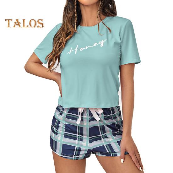2 шт./компл., женский летний пижамный комплект с круглым вырезом и буквенным принтом, футболка с короткими рукавами и эластичной резинкой на талии, клетчатый узор, домашняя одежда, комплект из двух предметов, одежда для сна
