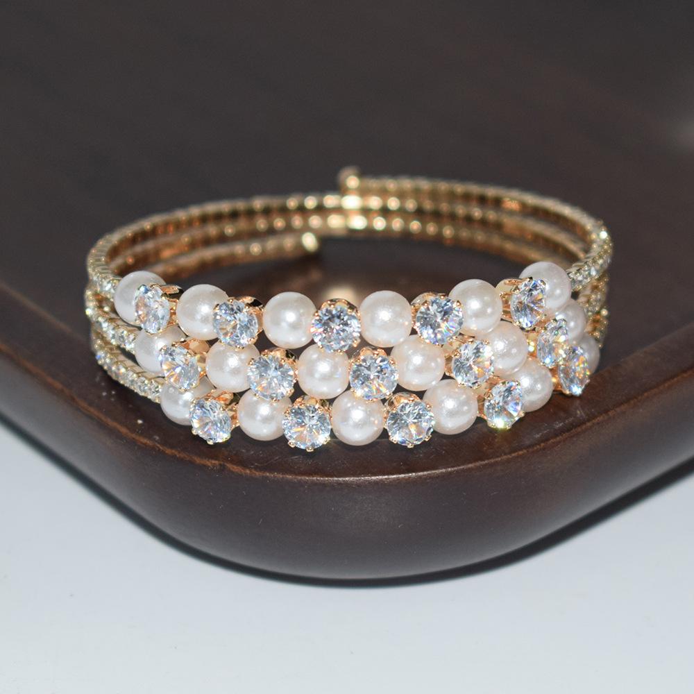 Factory Bridal 3-Layer Pearl Rhinestone Zircon Winding Open-Ended Bracelet Gold and Silver Color for Women