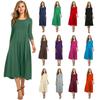 Women's Summer Dress Fashion Round Neck Middle Sleeve Solid Color Pleated Long Dresses