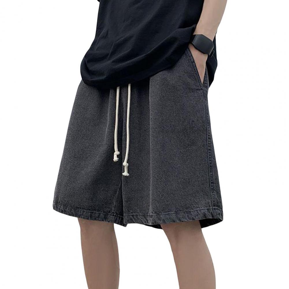 Мужские джинсовые шорты с эластичным поясом, повседневные шорты с регулируемым шнурком, свободные тонкие потертые шорты с широкими штанинами