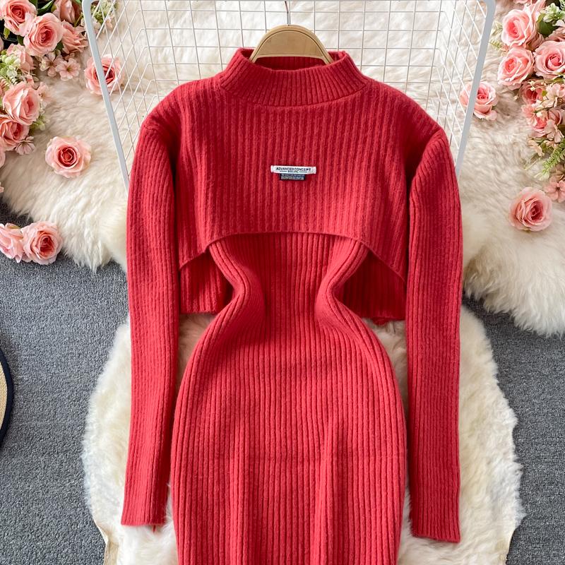 Тонкое облегающее платье на бретельках, комплект из 2 предметов, женский костюм, осенний корейский воротник-стойка, короткие пуловеры с длинными рукавами, повседневный трикотаж