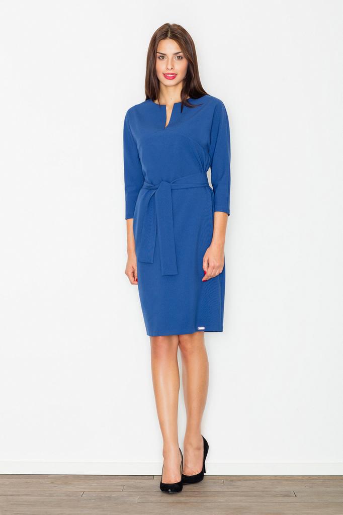 Elegant navy blue dress with a belt and a V-neck - M526 size