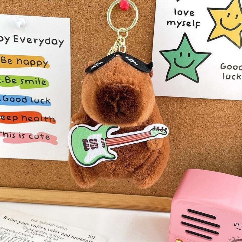 Green Guitar Capybara Plush Toy Short Fur Musical Student Backpack Keychain Cute Collectible Gift