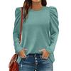 O-Neck Pleated Shoulder Puff Long Sleeves Women Blouse Fall Winter Solid