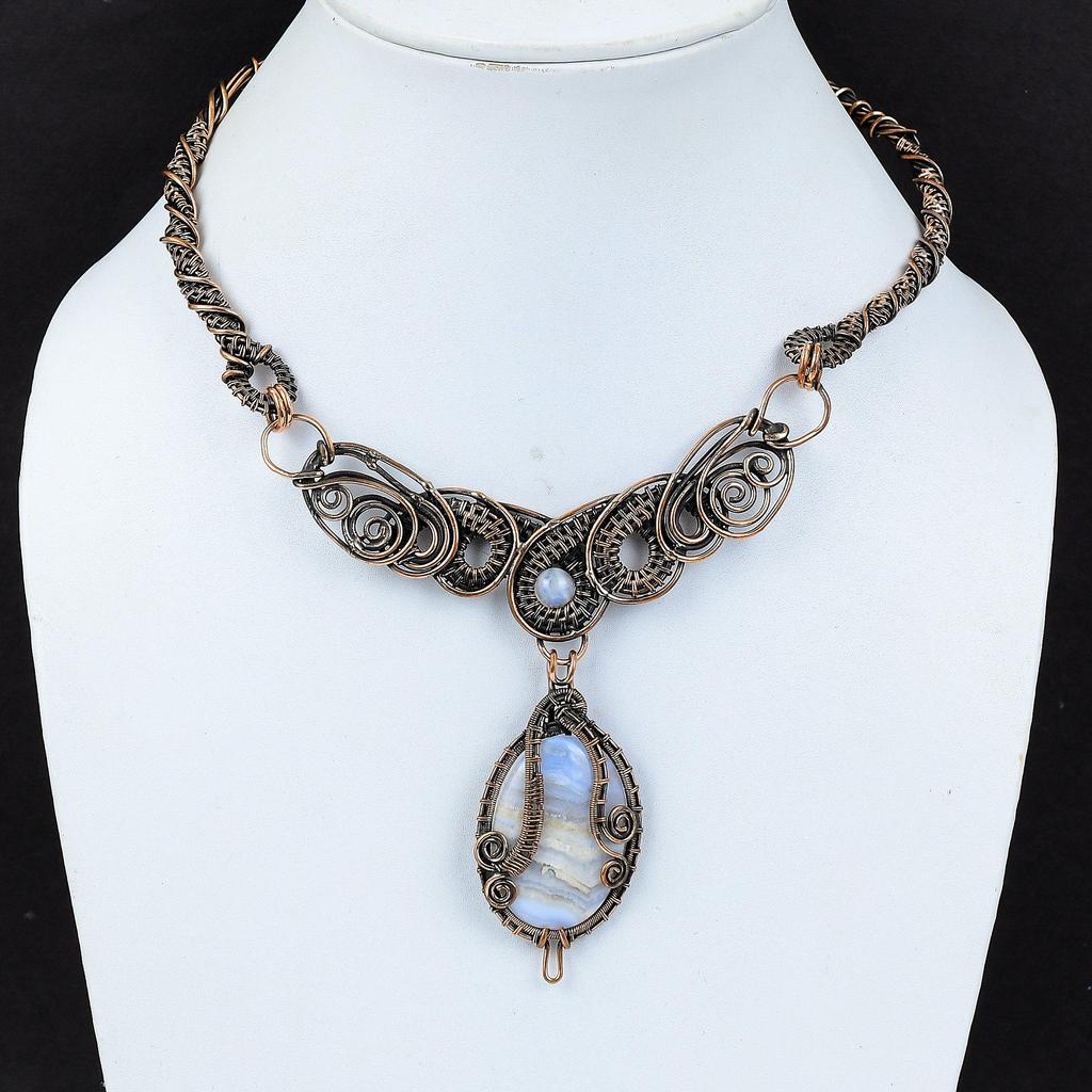 Blue Lace Agate Necklace Copper Wire Wrapped Necklace Rainbow Moonstone Gemstone Necklace Amazing Copper Jewelry For Gift Handmade Necklace