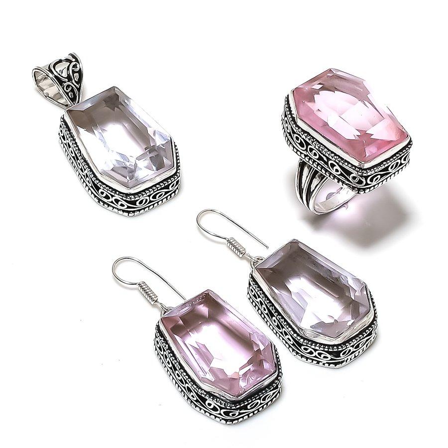 Natural Pink Kunzite Gemstone Handmade 925 Sterling Silver Jewelry Set P5r71
