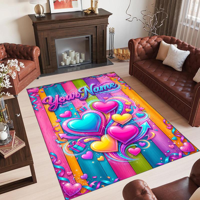Hearts Theme Crystal Velvet Floor Rug Personalized Custom Name Text Warm Carpet Home Decoration
