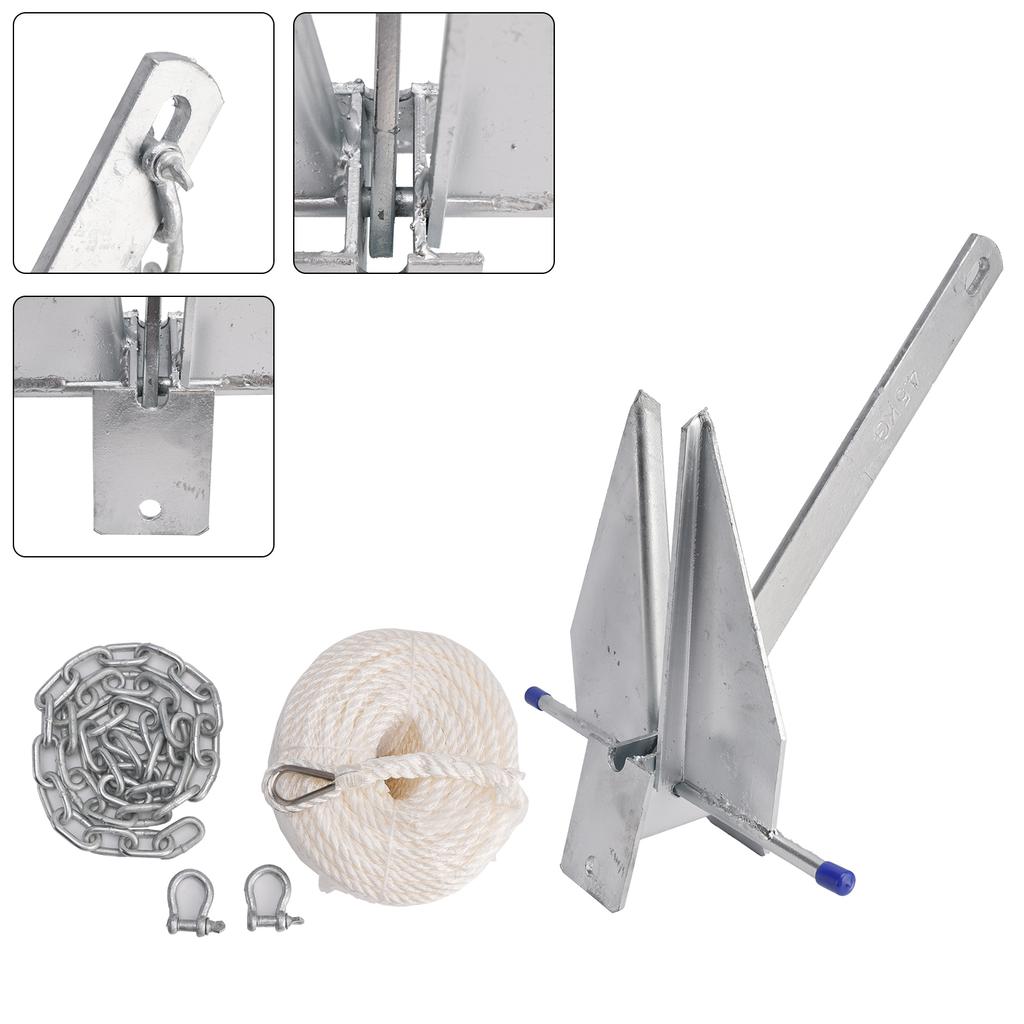 10 Lbs Steel Slide Anchor Hot-Dipped Anchor Kit Chain&Rope Set Silver For Boat