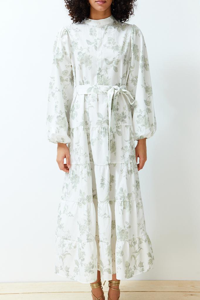 Women's Fashion New Hijab Dress Ecru High Collar Floral Belted Poplin Woven Dress