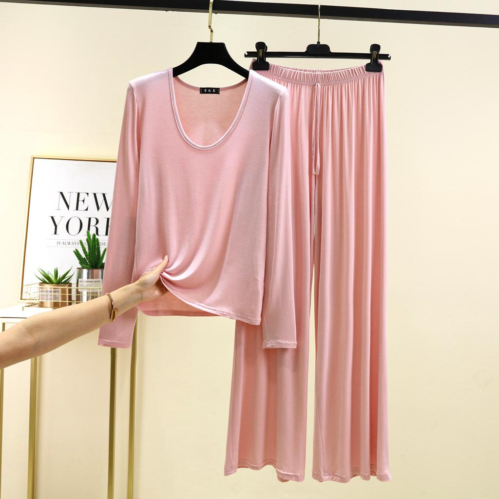 M до 6XL Модальные футболки с длинным рукавом, U-образным вырезом и широкими брюками, женские свободные пижамные комплекты больших размеров, однотонная тонкая дышащая домашняя одежда