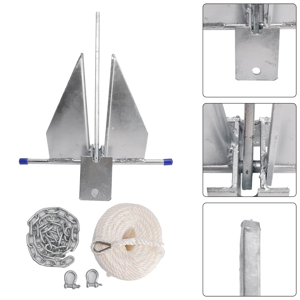 10 Lbs Steel Slide Anchor Hot-Dipped Anchor Kit Chain&Rope Set Silver For Boat