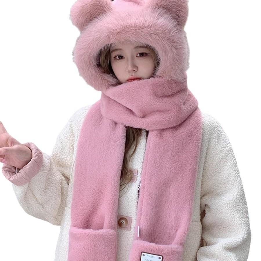 Корейский милый плюшевый комплект из трех предметов для женской осени и зимы Новый шарф, перчатки, шляпа, интегрированная плюс бархатная холодостойкая и теплая шляпа