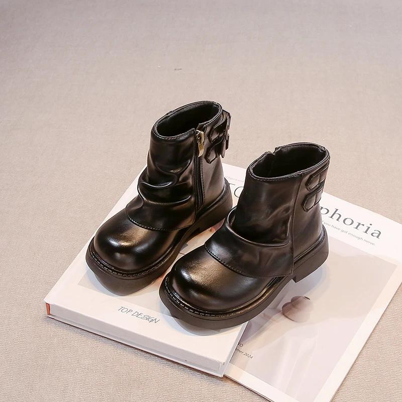 2024 Детские модные ботинки для девочек Зимняя новая мода Британский стиль Мягкая подошва Нескользящие Универсальные Трендовые кожаные туфли