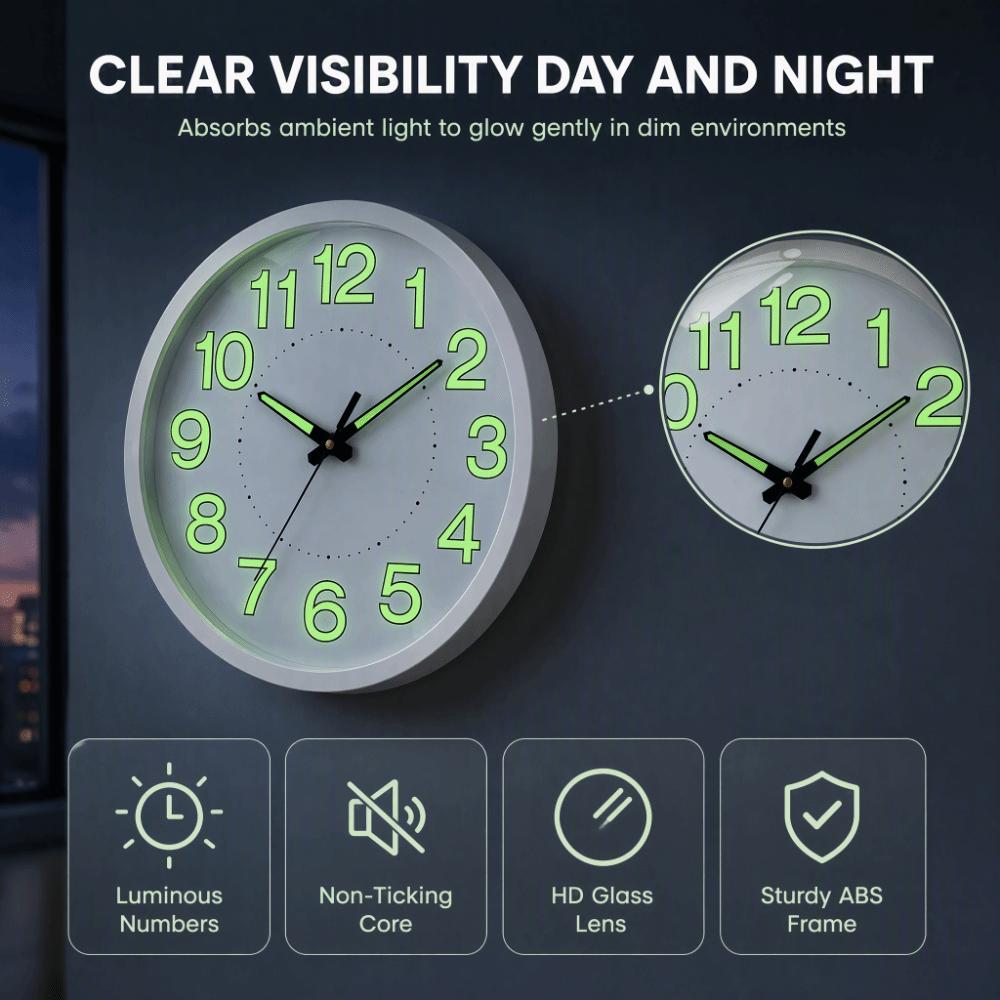 Plastic Frame Wall Mounted Clock 30cm Diameter Non-Ticking Clock Luminous Wall Clock For Bedroom