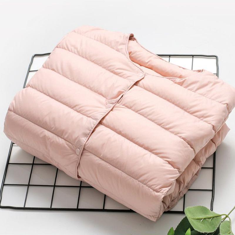 Белый утиный пух, легкий тонкий пуховик, женский круглый вырез, короткая секция, без воротника, осенне-зимняя теплая куртка большого размера с внутренней стороны