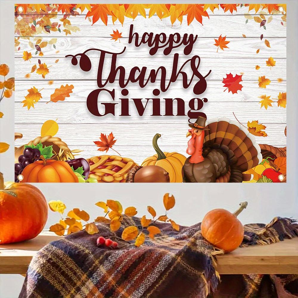 1 piece Thanksgiving Happy Polyester Banner White Wood Wall with Turkey Maple Leaf Pumpkin Pattern