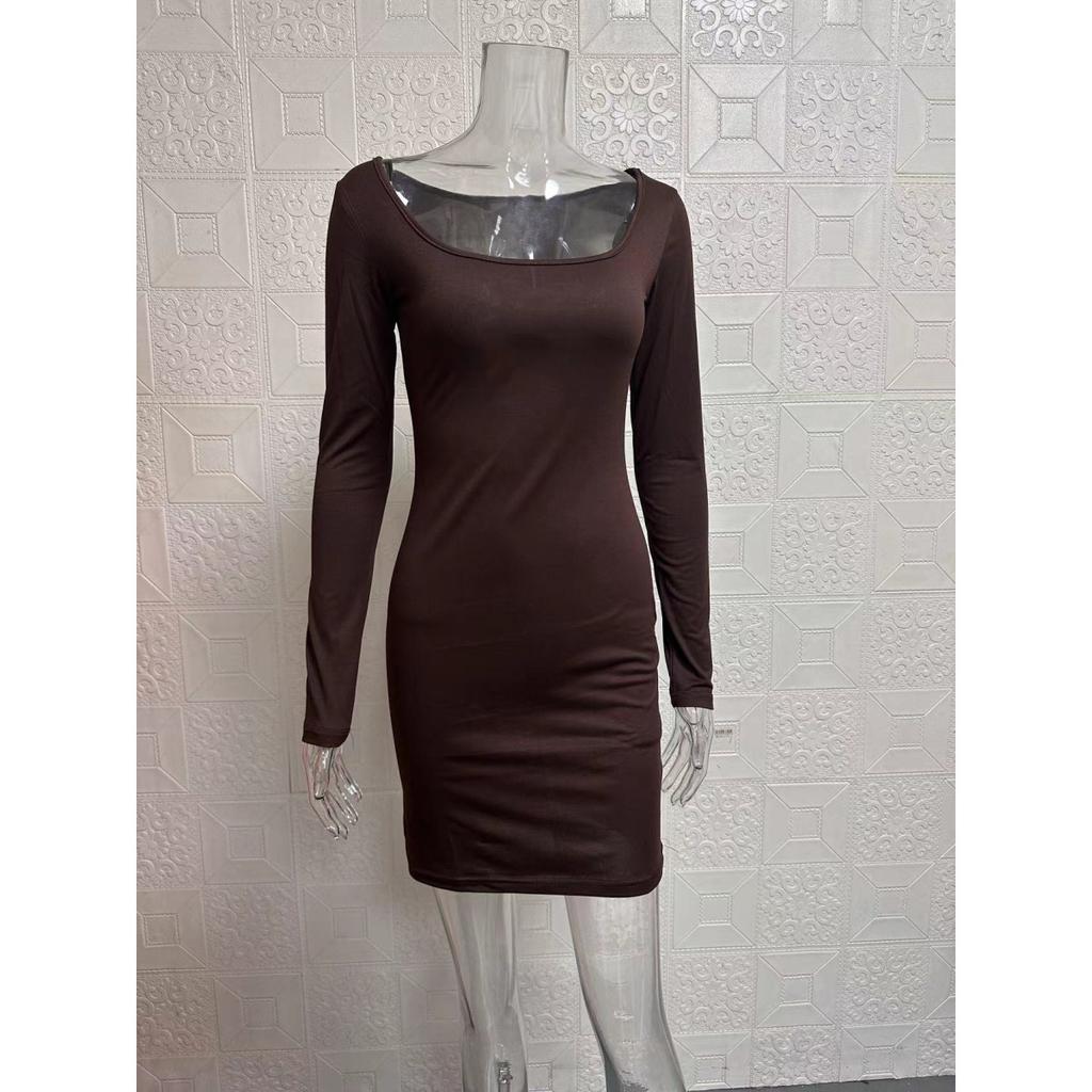 Женское обтягивающее короткое платье с длинными рукавами и U-образным вырезом