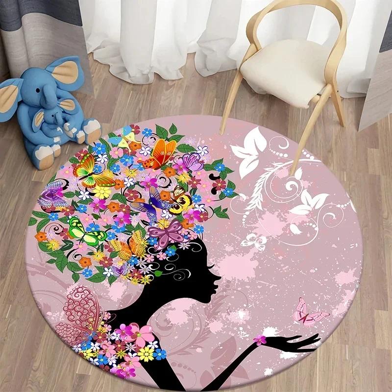 Butterfly Flower Fairy Girl Round Carpet Living Room Rugs Soft Doormat For Children's Room Playroom Decor Kitchen Bath Floor Mat
