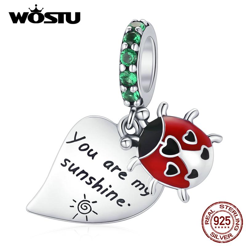 WOSTU Сияющий циркон, красная божья коровка и бирка в форме сердца, стерлинговое серебро 925 пробы, подвесные бусины, подходят к оригинальному браслету, подвеске, ювелирные украшения