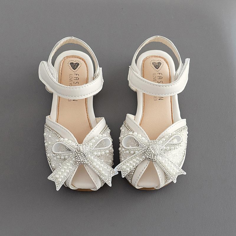 Rhinestone Pearl Bowknot Sandals for Girls Summer 2024 Princess Party Dance Sandals Children Beach Sandals Flats Kids Chic Shoes