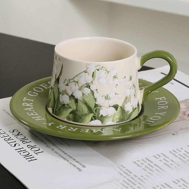 Original Hand Painted Lily of The Valley Flower Ceramic Coffee Cup Saucer Set Niche Latte Cup Afternoon Tea Exquisite Souvenir Gift