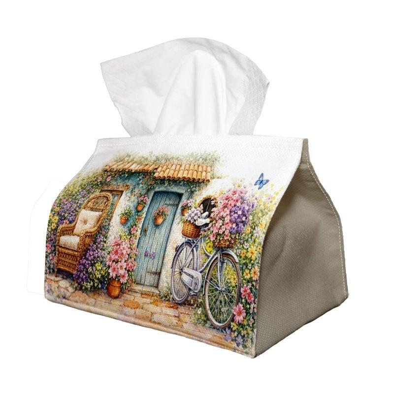 1pc Vintage Shabby Chic Tissue Box-Garden Cottage& Bicycle Floral Print Durable Polyester Fabric for Home, Office, Car, Party-Space-Saving Napkin Hold