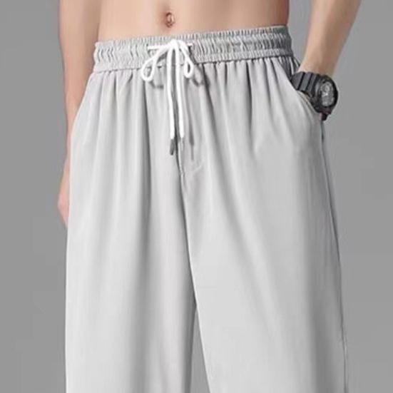 Мужские летние спортивные штаны с эластичной резинкой на талии, карманы на шнурке, сплошной цвет, широкие брюки, свободные мягкие дышащие повседневные брюки для бега с ремешками на щиколотке