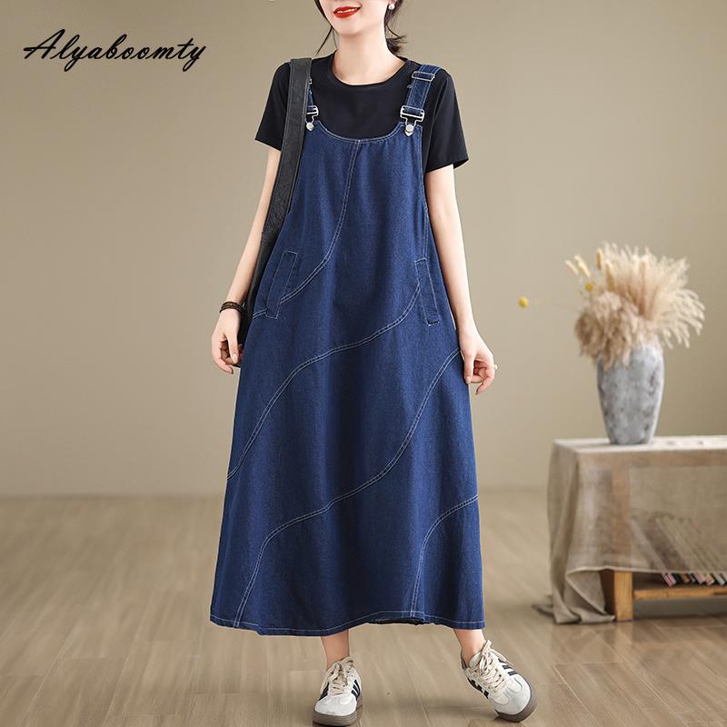 Корейский стиль плюс размер женский синий джинсовый сарафан подтяжки повседневное свободное однотонное платье миди без рукавов мешковатое универсальное платье с карманами