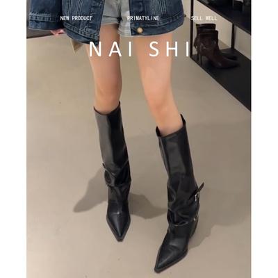 Версия из овчины~ остроносые ботильоны на толстом каблуке, женственный дизайн, пряжка-ремень, высокие сапоги-ботфорты до колена, ковбойские сапоги