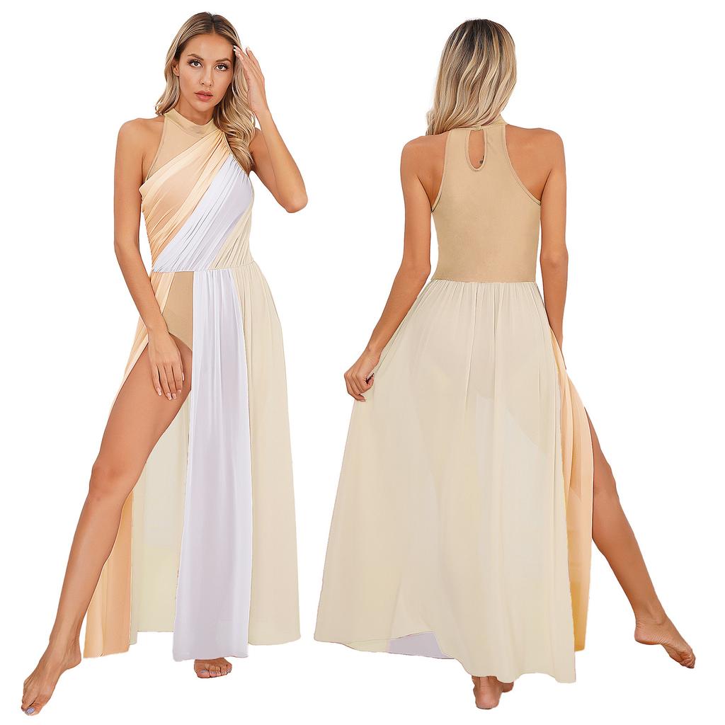 Женский костюм для лирического танца с цветными блоками, длинное платье макси с разрезом для современного танца