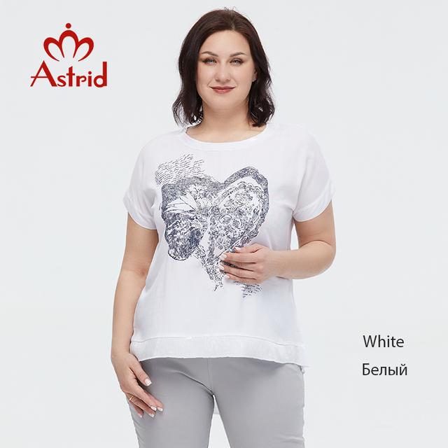 Летняя женская футболка Astrid, новинка 2023 года, хлопково-льняной топ, футболка большого размера с короткими рукавами, модная женская одежда с принтом и пайетками
