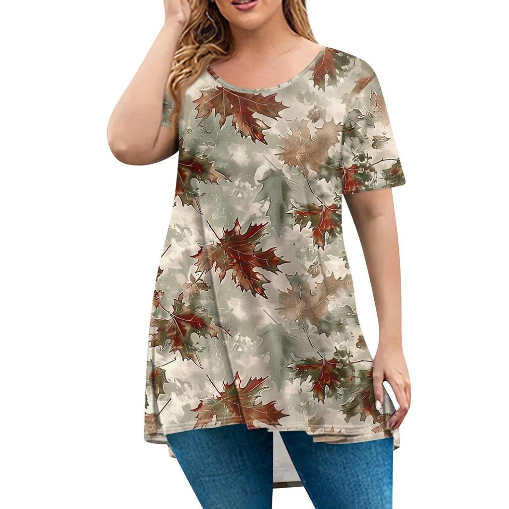 Женская мода большого размера с круглым вырезом и коротким рукавом, повседневный свободный пуловер с принтом
