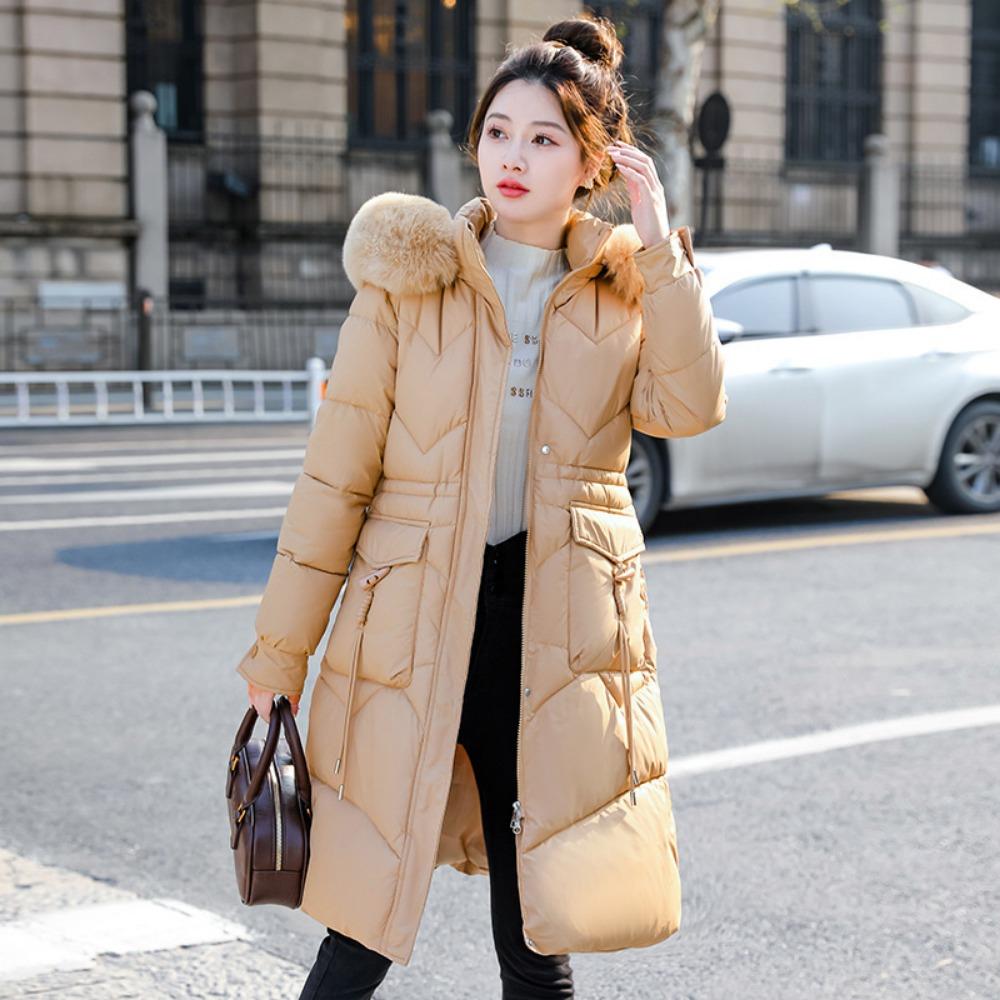 Зимняя новая корейская версия длинного ниже колена хлопкового пуховика для женщин с большим меховым воротником, приталенный и утолщенный хлопковый пуховик для женщин