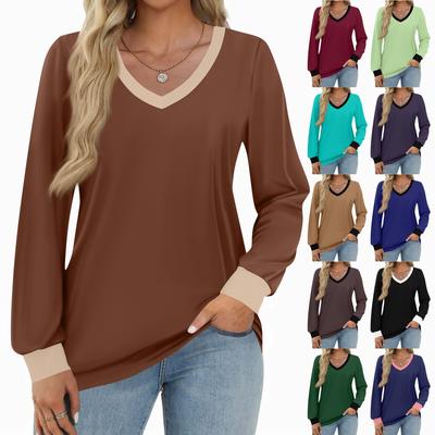 Женская модная повседневная рубашка с длинным рукавом и цветными блоками, женские топы с V-образным вырезом