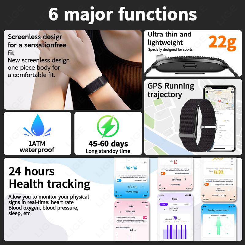 LIGE New Ultra-light NO Screen Smart Bracelet Heart Rate Monitor Activity Fitness Tracker Man Band Sports Waterproof Smart Watch 2