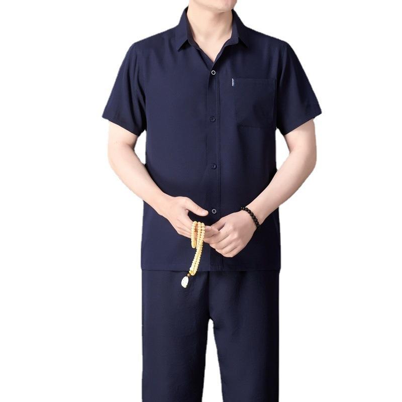Summer Middle-aged and Elderly Men Short Sleeve Cotton Linen Shirt Set Casual Half Sleeve Loose Shirt Dad Shirt