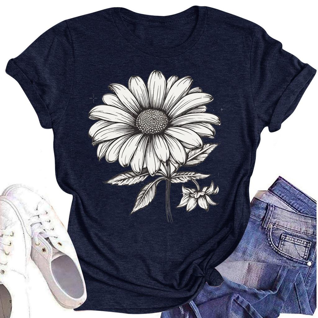 Женская повседневная футболка с круглым вырезом и цветочным принтом, короткий рукав