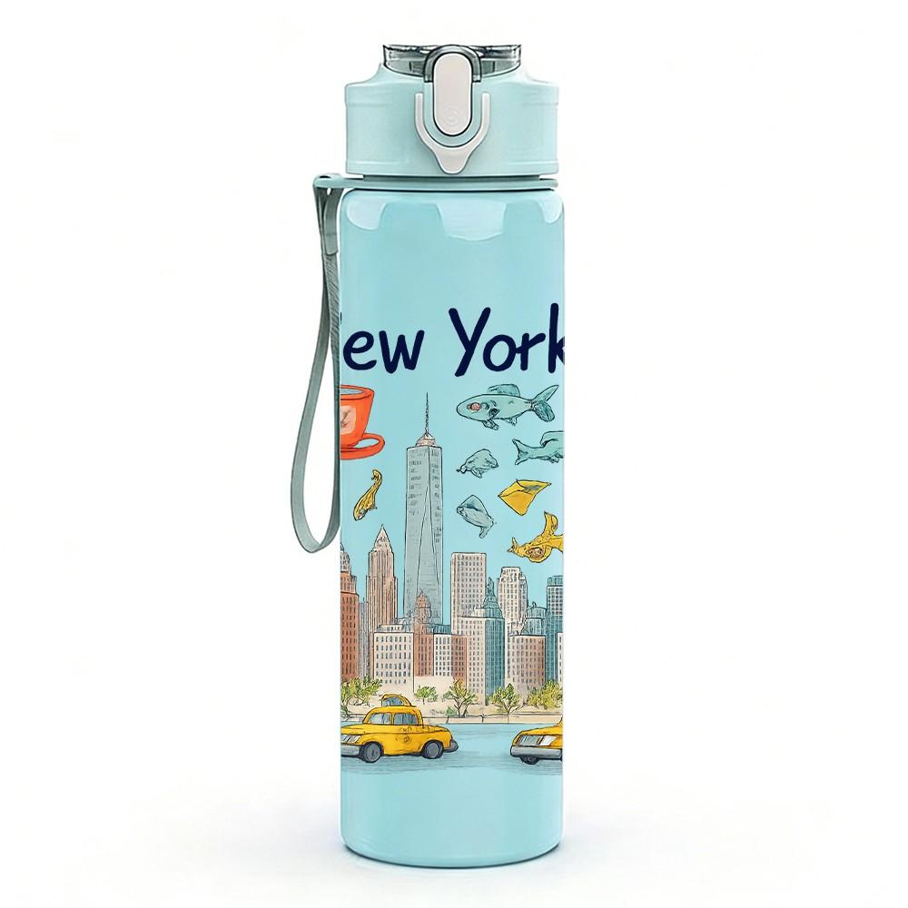 1 шт. Арт-бутылка для воды New York Sun Cityscape 750 мл, цветной пластик, спортивная, герметичная, с откидной крышкой-соломкой, подходит для спорта, офиса, дома