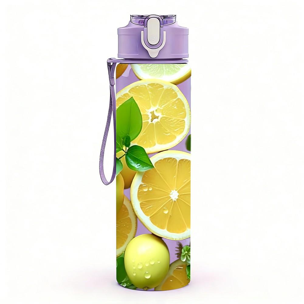 1PC Green Lemon Citrus Fruit Sliced Print 750ml Color Plastic Sports Water Bottle Leakproof Flip Straw Lid Suitable for Sports Office Home Use