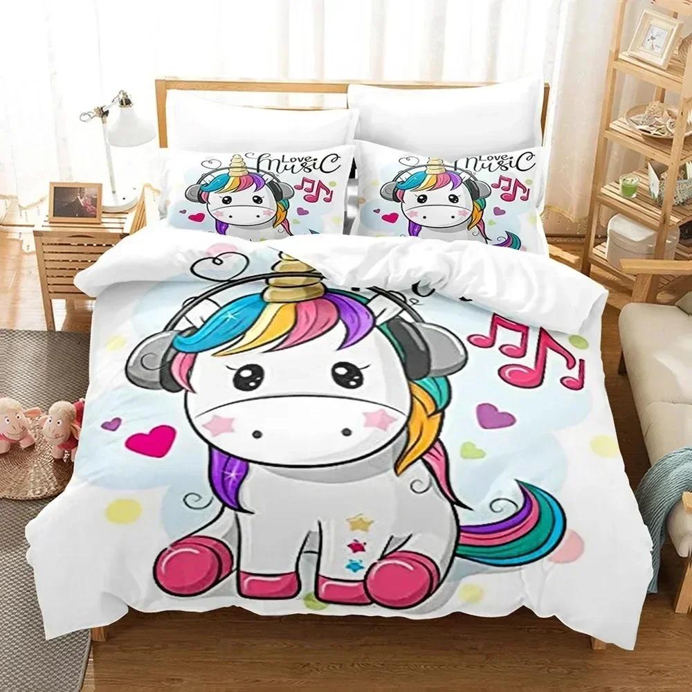 Комплект постельного белья с рисунком единорога из мультфильма King Queen Size, милый розовый, синий, сказочные животные, комплект постельного белья из полиэстера для девочек и детей