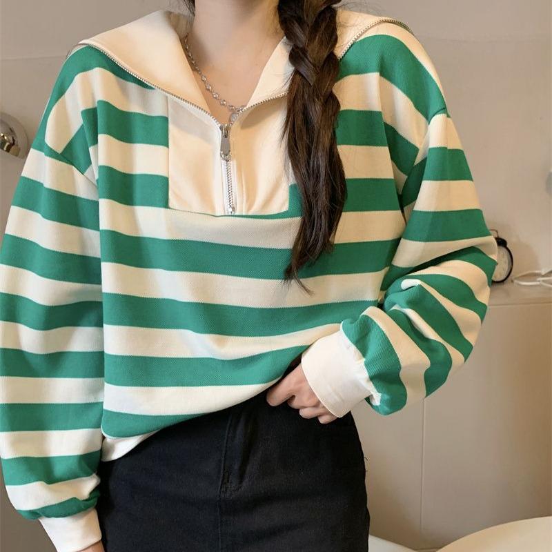 Повседневная полосатая толстовка с темно-синим воротником, женская осенняя корейская версия, дизайнерская свободная пуловерная рубашка большого размера с длинным рукавом, оригинальные женские топы