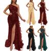 Women Evening Dress One Shoulder Sleeveless Shiny Sequin Padded Feather Decor High