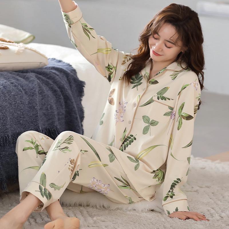 Женский хлопковый пижамный комплект - С длинным рукавом, Длинные брюки, Повседневный тонкий кардиган, Весенне-осенняя одежда