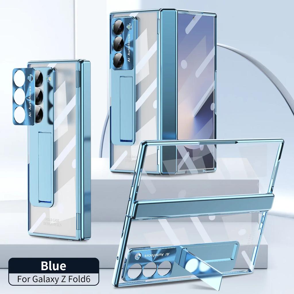For Samsung Galaxy Z Fold6 7 Phone Case Spring Hinge Pen Slot Holder With Pen Electroplating Transparent Shell Film ZFold6 Cover
