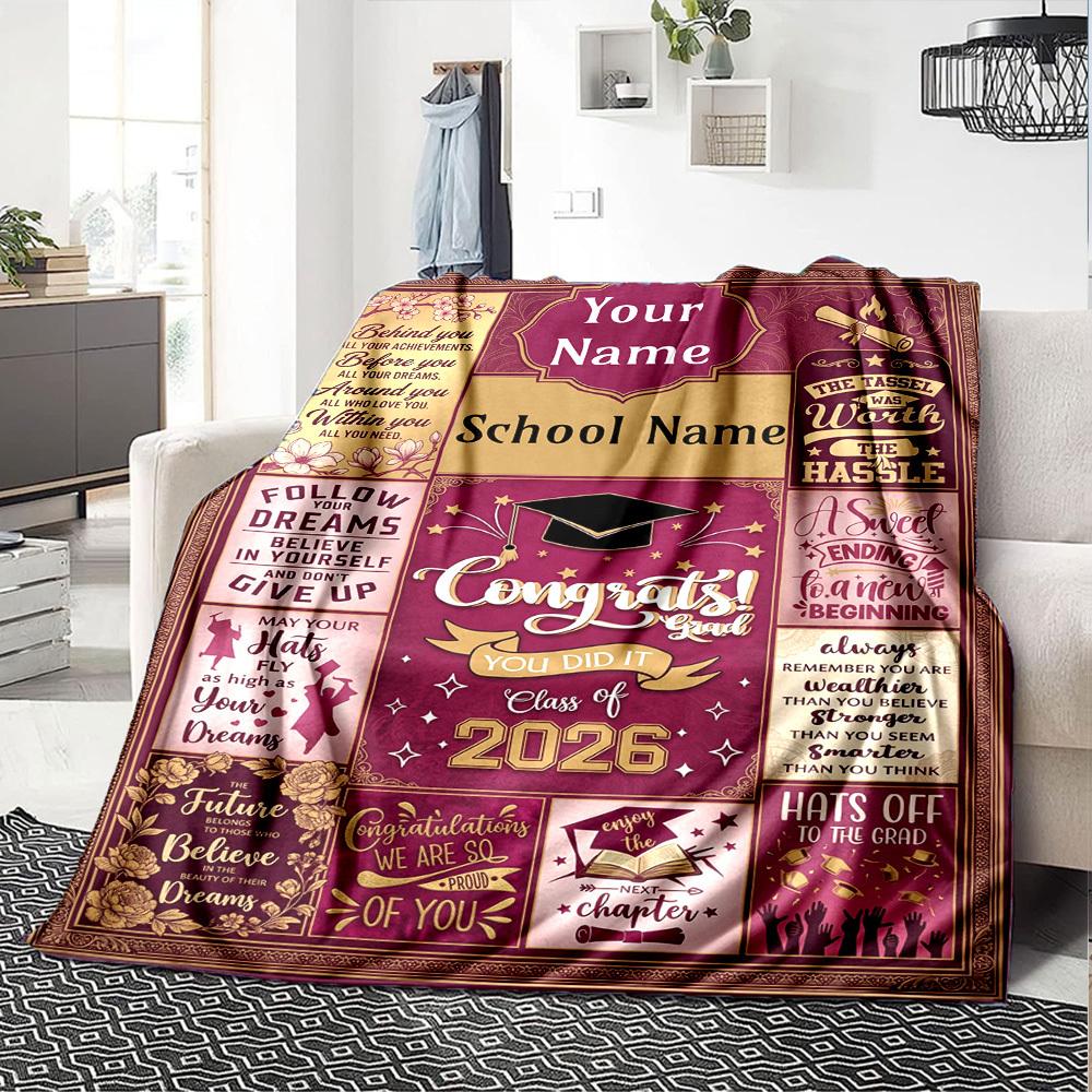 Graduation Celebration 2026 Floral Design Themed Blanket Personalized Name Soft Warm And Versatile For Sofa Bed Office And Travel Machine Washable