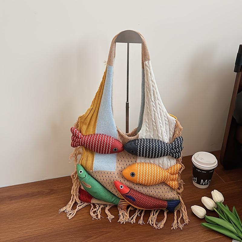 Vintage Inspired Tote Bag Women's Bag Colorful Fish Design, Large Capacity, No Closure Closure, Shopping Travel Shoulder Bags