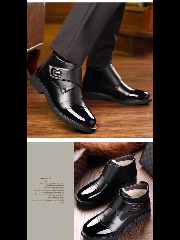 Men's Genuine Leather Velcro Winter Shoes with Plush Wool for Middle-Aged & Elderly