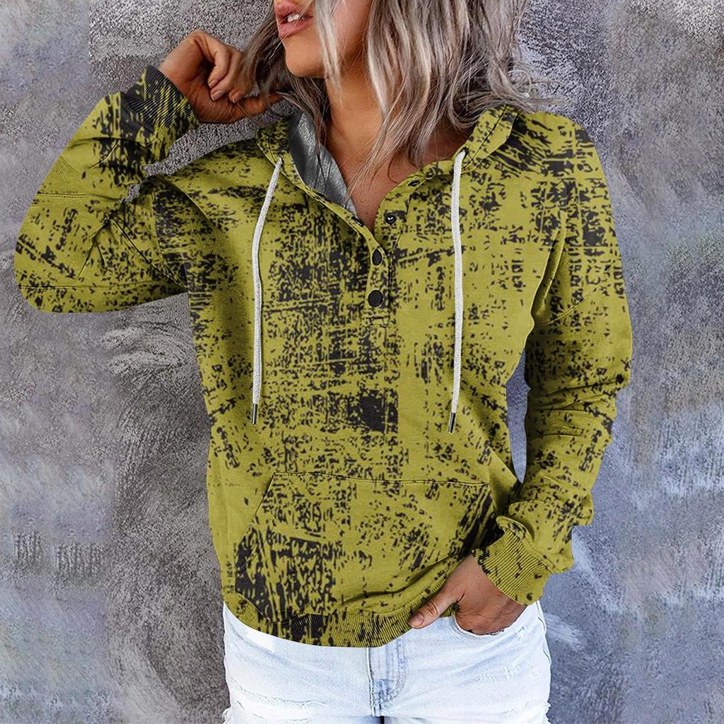 Women's Casual Fashion Vintage Print Long Sleeve Button Pullover Hoodies Sweatshirts
