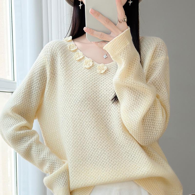 100% Silk Wool French Floral Patchwork Collar Sweater - Women's Autumn Winter Crochet Knitwear, Lazy Style